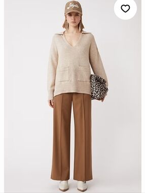 Suncoo Paris Phine Beige Wool Blend Front Pockets Sweater Top